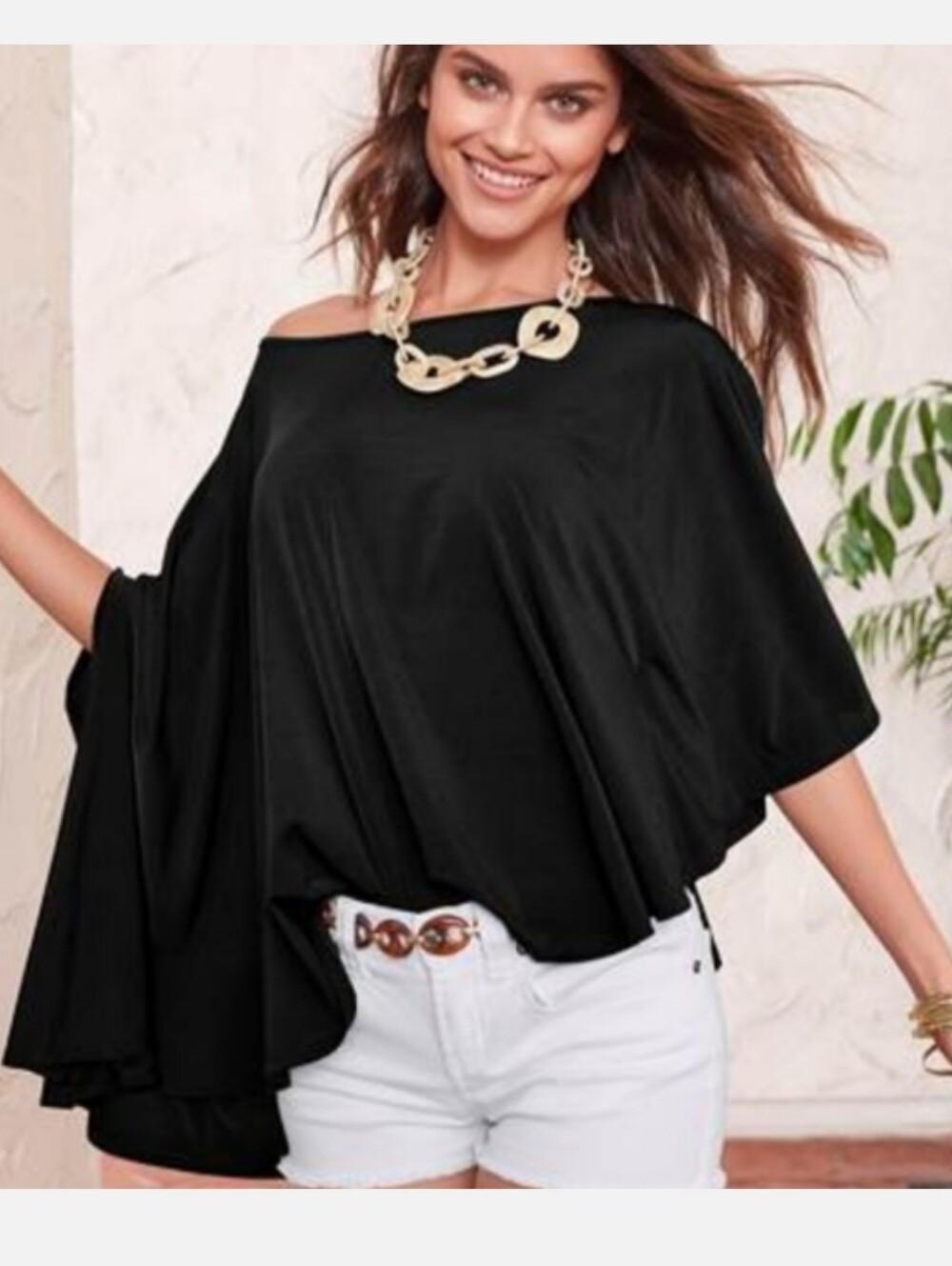 VENUS Black Off-Shoulder Batwing Tunic Top